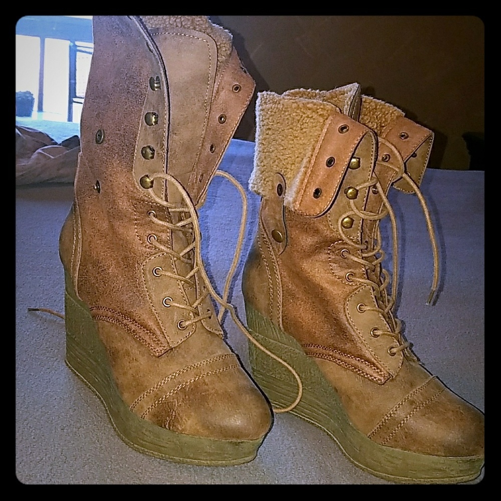 Sbicca Tan Shearling Foldover Wedge Boots